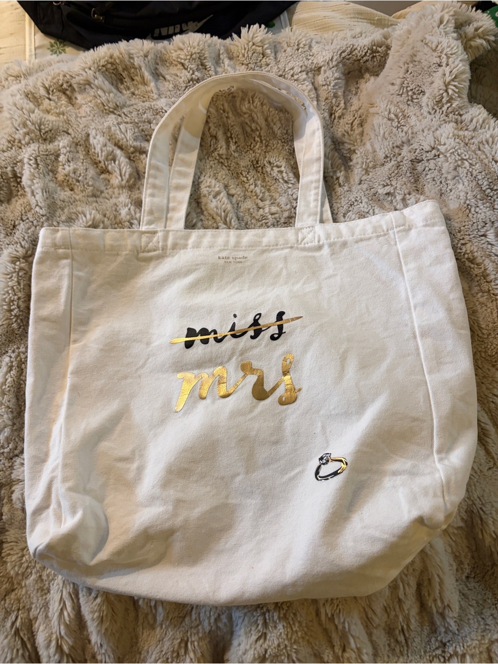 kate spade White Canvas 'miss' → Gold 'mrs' Tote